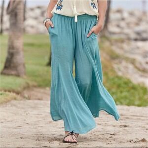 Sundance Wide Leg Pants Womens Large Teal Blue Smocked Waist Boho Flowy Good